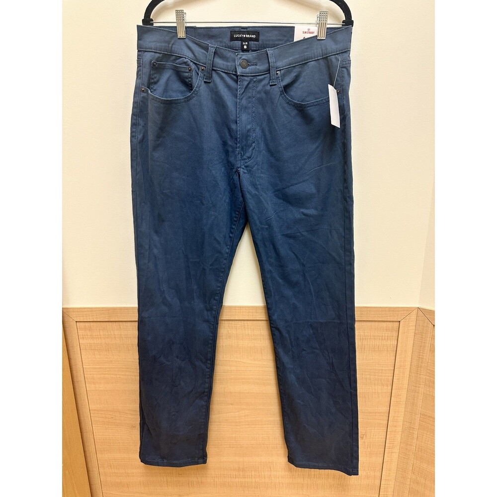Lucky Brand 121 Slim Straight Blue Pants Mens 33x30 Zipper 2 Way Stretch NWT